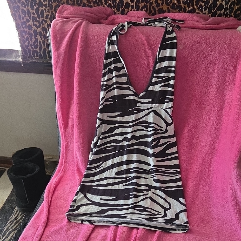 Zebra-Print Halter Mini Dress in Black & White